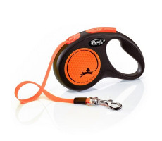 ФЛЕКСИ РУЛЕТКА НЬЮ НЕОН ДО 15КГ. 5М. Р.S РЕМЕНЬ ЧЕРН./НЕОН ОРАНЖ. (ВЕТ.) [FLEXI]