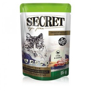 СЕКРЕТ ФО ПЕТС ЛАЙФ ФОРС ПАУЧ Д/СТЕРИЛ.КОШЕК И КАСТРИР.КОТОВ КУСОЧКИ В СОУСЕ С УТКОЙ 85Г. /АРТ.5104/ (ВЕТ.) [SECRET FOR PETS LIFE FORCE]