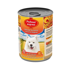 РОДНЫЕ КОРМА КОНСЕРВА Д/СОБАК МЯСНОЕ АССОРТИ В ЖЕЛЕ ПО-БОЯРСКИ 970Г. (ВЕТ.)