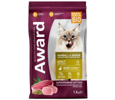 АВАРД КОРМ СУХ. Д/ВЗР.КОШЕК Д/ВЫВЕД.ШЕРСТИ HAIRBALL INDOOR УТКА+ИНДЕЙКА+ЗЕЛ.ЧЕЧЕВИЦА+ЮККА ШИДИГЕРА 1,5КГ. (ВЕТ.) [AWARD]