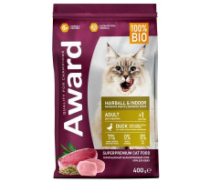 АВАРД КОРМ СУХ. Д/ВЗР.КОШЕК Д/ВЫВЕД.ШЕРСТИ HAIRBALL INDOOR УТКА+ИНДЕЙКА+ЗЕЛ.ЧЕЧЕВИЦА+ЮККА ШИДИГЕРА 400Г. (ВЕТ.) [AWARD]