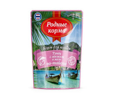 РОДНЫЕ КОРМА КОРМ Д/КОШЕК ЗАМОРСКИЕ ТУНЕЦ+ЛОСОСЬ В ЖЕЛЕ ПО-ТАЙСКИ 70Г. (ВЕТ.)